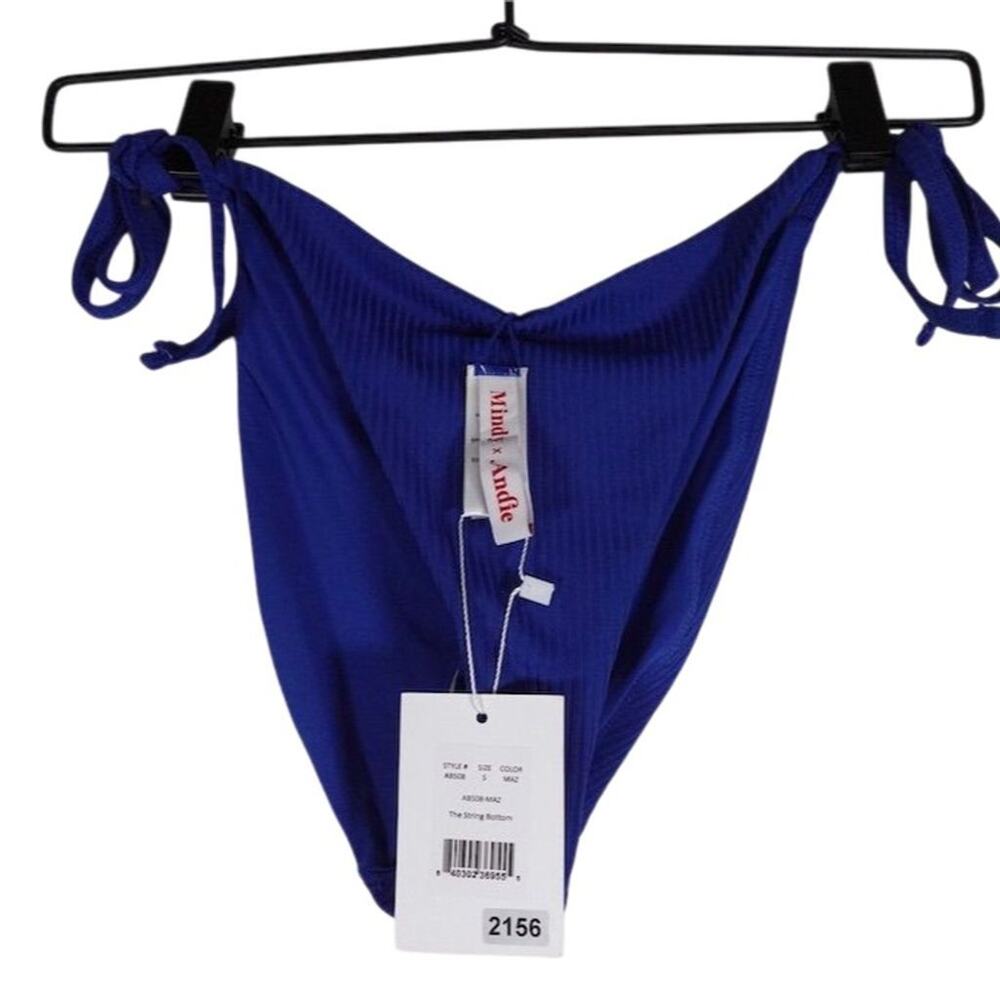 New Andie Swim Women's The String Bikini Bottom Blue Ribbed Side Ties Small 2156